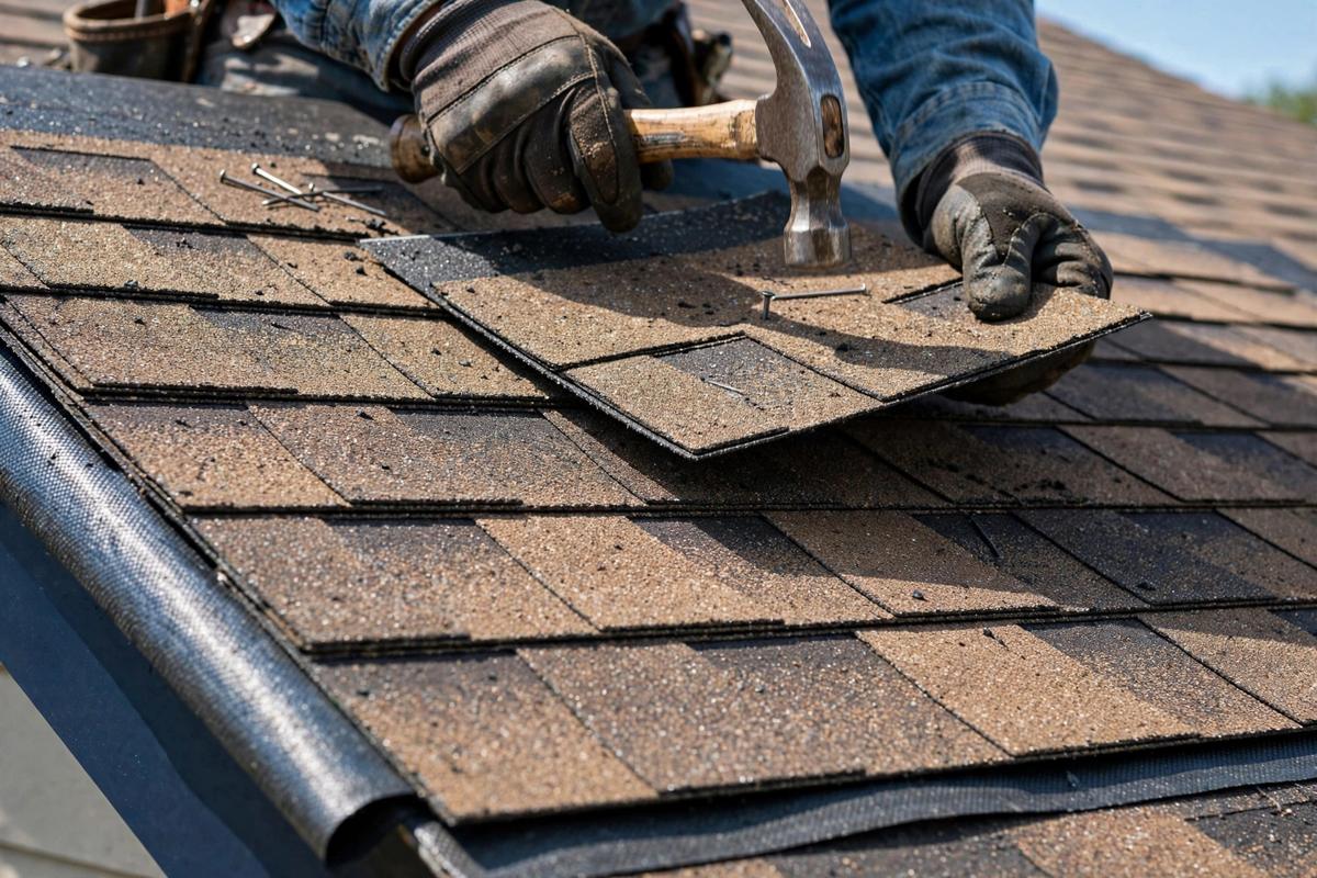 Close view of new asphalt shingles on a residential roof