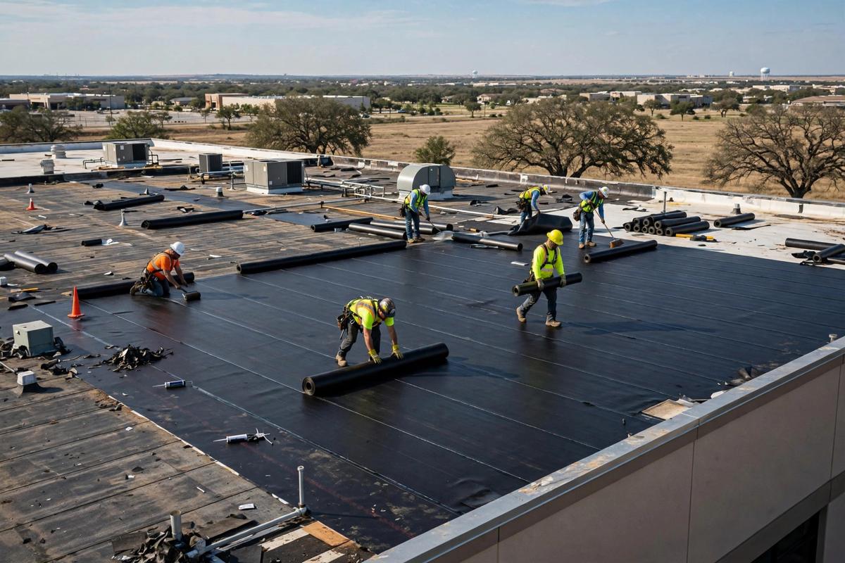 Commercial building roof replacement in progress
