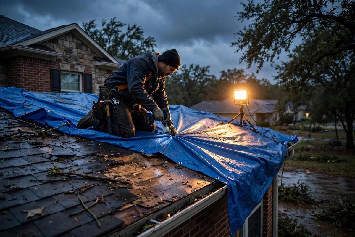 Emergency roof repair with a temporary protective cover