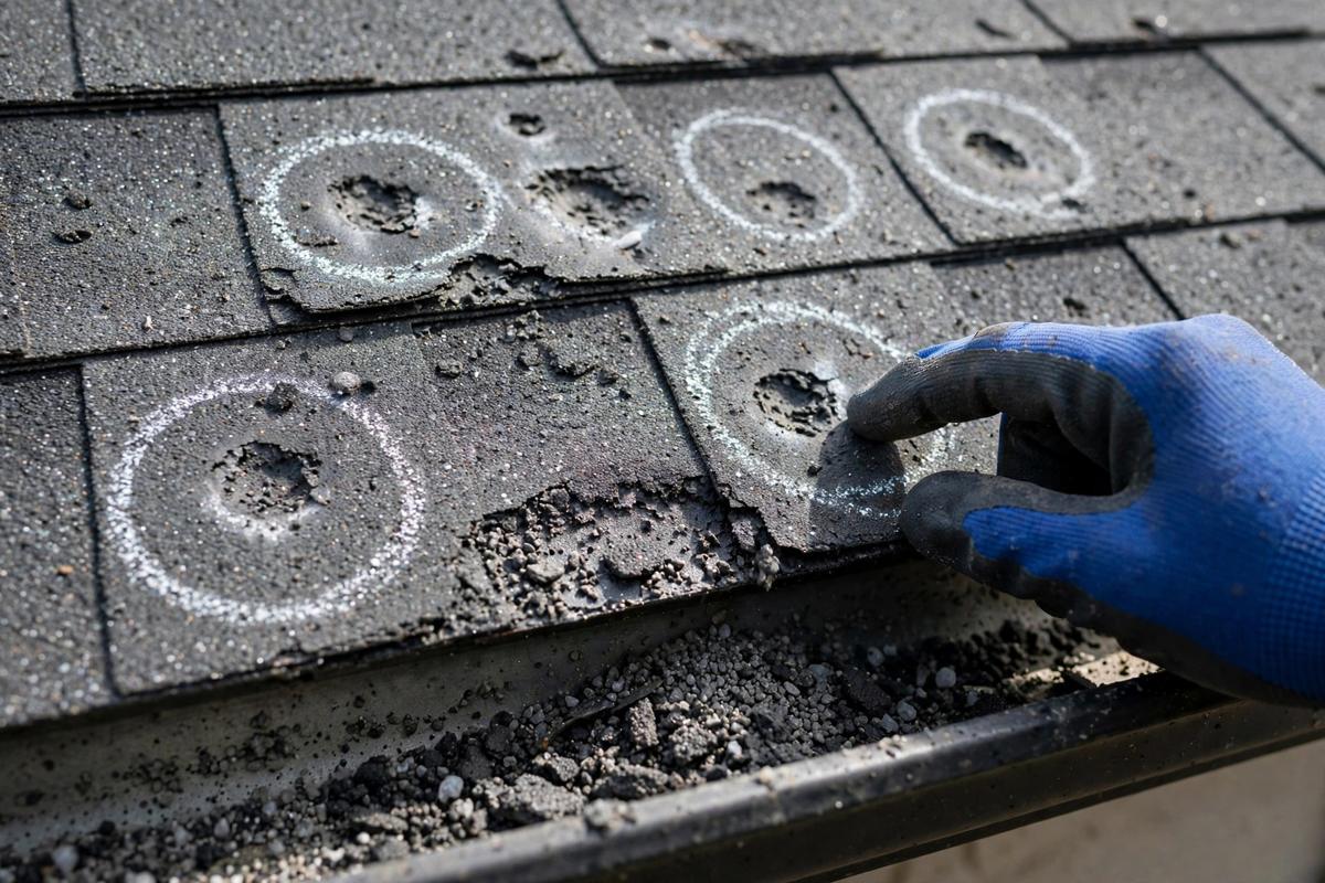 Hail damaged shingles marked during a roof inspection