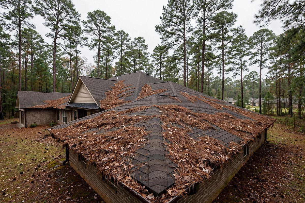 Pine needles and leaves built up in the valleys of a shingle roof under tall pine trees in Huntsville, Texas
