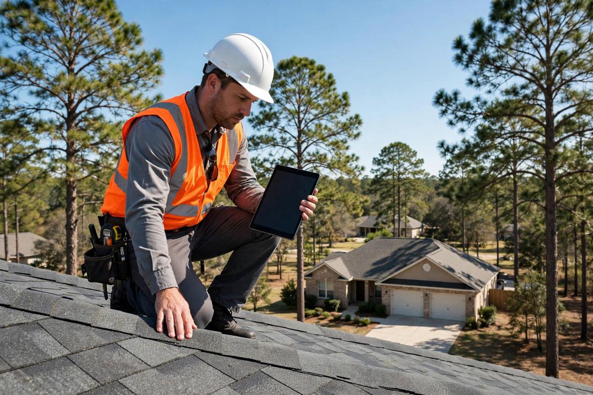 Roofer inspecting shingles during a roof inspection