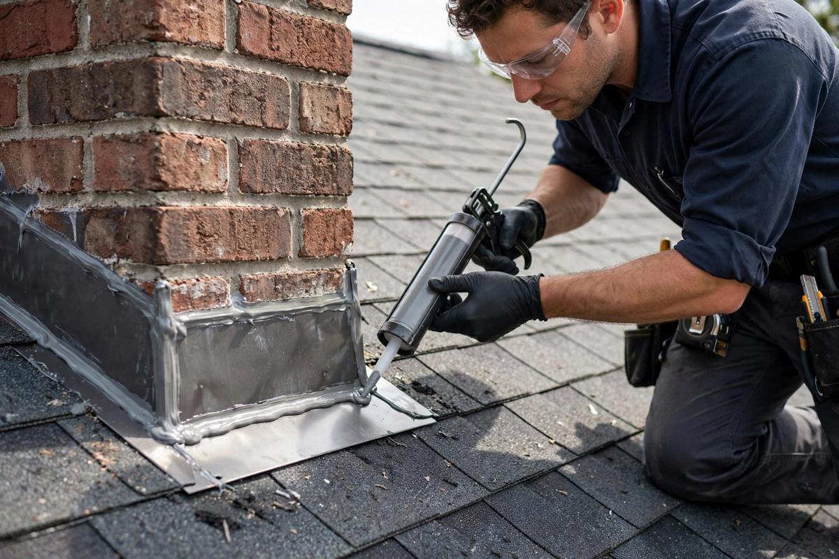 Roofer repairing a roof leak around flashing