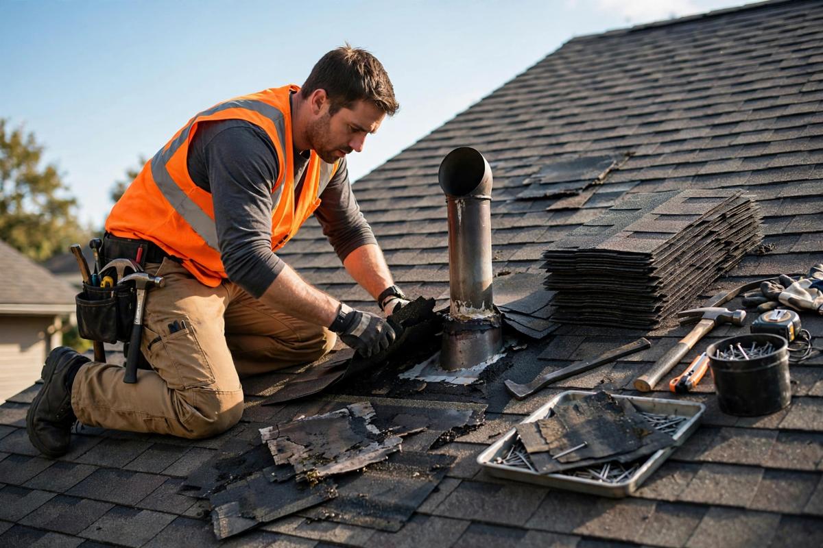 Roofer repairing shingles on a residential roof