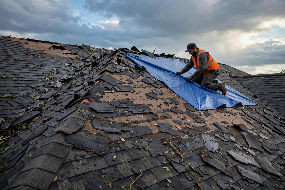 Storm damaged roof with missing shingles after high winds
